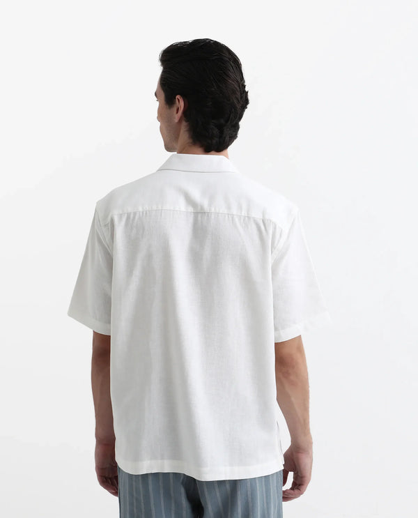 Rare Rabbit Mens Monobo White Cotton Linen Modal Fabric Half Sleeve Cuban Collar Boxy Fit Embroidered Shirt