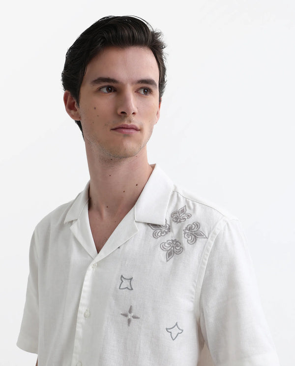 Rare Rabbit Mens Monobo White Cotton Linen Modal Fabric Half Sleeve Cuban Collar Boxy Fit Embroidered Shirt