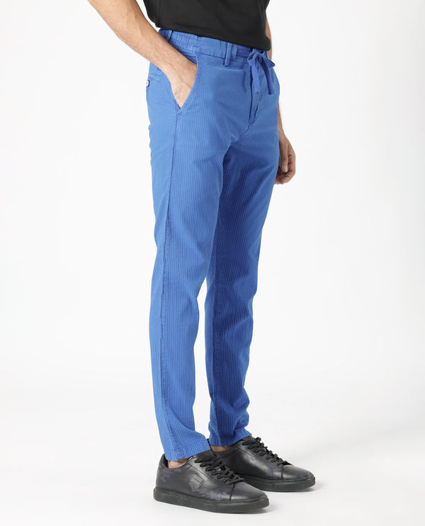 Rare Rabbit Men's Monter Flouroscent Blue Stripe Dobby Mid-Rise With Drawstring And Elastic Waistband Regular Fit Trouser