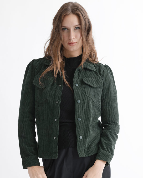 Rareism Women Mooney Green Polyester Fabric Full Sleeves Solid Shirt Collar Jacket