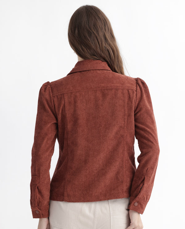 Rareism Women Mooney Rust Polyester Fabric Full Sleeves Solid Shirt Collar Jacket