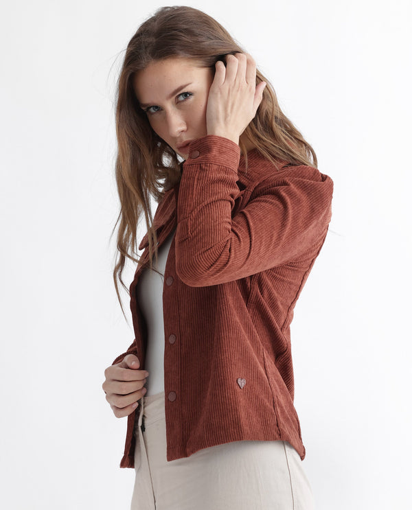 Rareism Women Mooney Rust Polyester Fabric Full Sleeves Solid Shirt Collar Jacket
