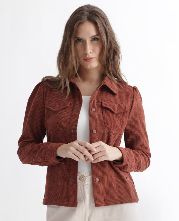 Rareism Women Mooney Rust Polyester Fabric Full Sleeves Solid Shirt Collar Jacket