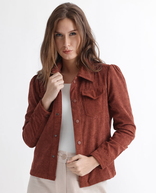 Rareism Women Mooney Rust Polyester Fabric Full Sleeves Solid Shirt Collar Jacket
