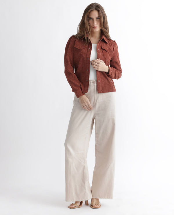 Rareism Women Mooney Rust Polyester Fabric Full Sleeves Solid Shirt Collar Jacket