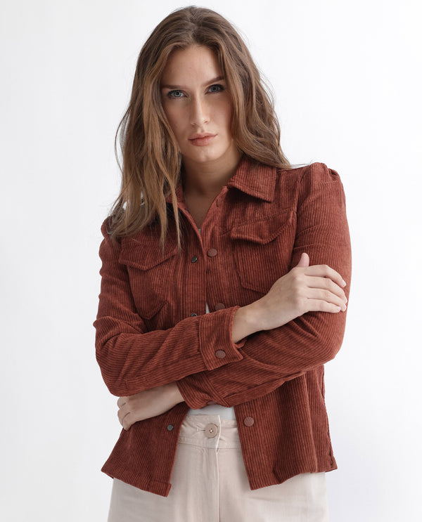 Rareism Women Mooney Rust Polyester Fabric Full Sleeves Solid Shirt Collar Jacket