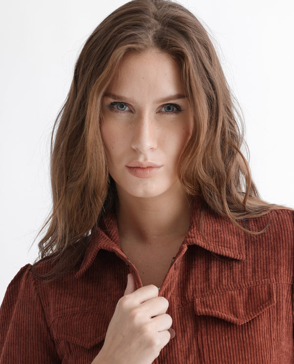 Rareism Women Mooney Rust Polyester Fabric Full Sleeves Solid Shirt Collar Jacket