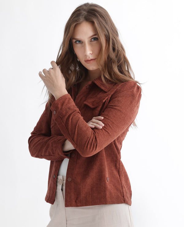 Rareism Women Mooney Rust Polyester Fabric Full Sleeves Solid Shirt Collar Jacket