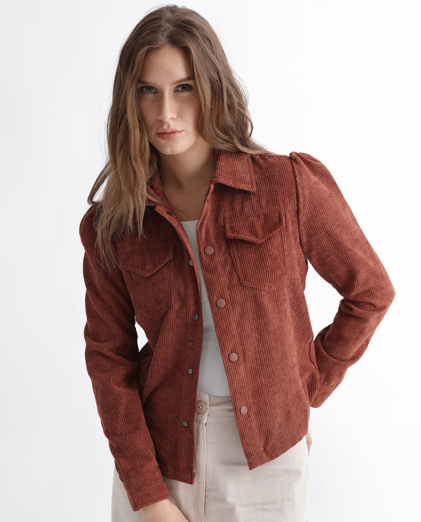 Rareism Women Mooney Rust Polyester Fabric Full Sleeves Solid Shirt Collar Jacket