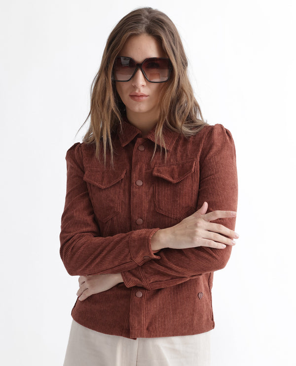 Rareism Women Mooney Rust Polyester Fabric Full Sleeves Solid Shirt Collar Jacket