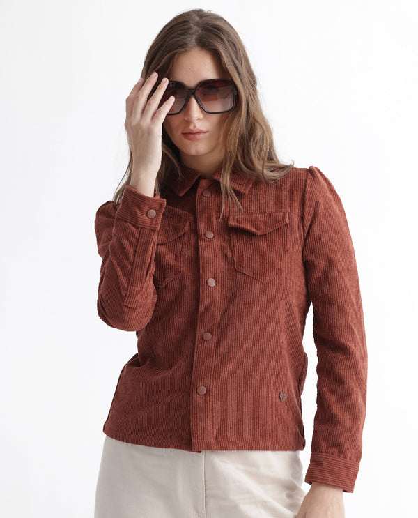 Rareism Women Mooney Rust Polyester Fabric Full Sleeves Solid Shirt Collar Jacket