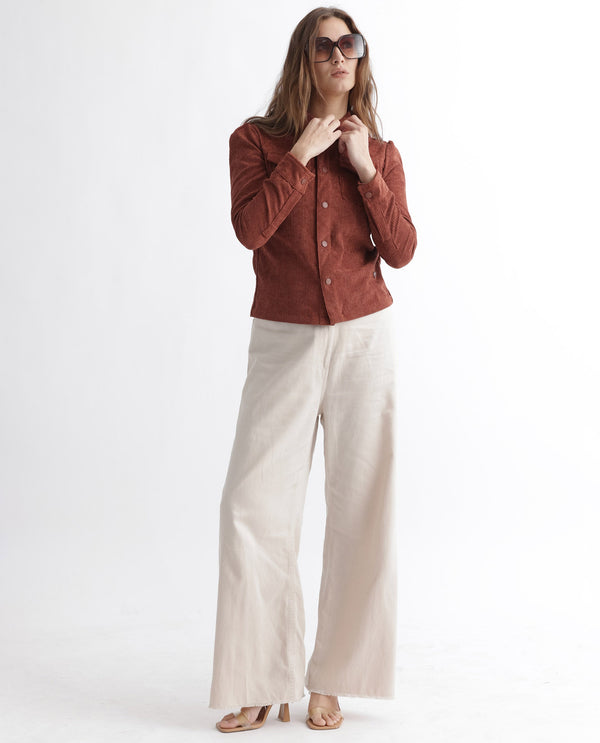 Rareism Women Mooney Rust Polyester Fabric Full Sleeves Solid Shirt Collar Jacket