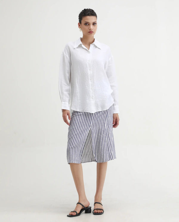 Rareism Women Moonly Blue Cotton Linen Fabric Slim Fit High Rise Striped Midi Skirt