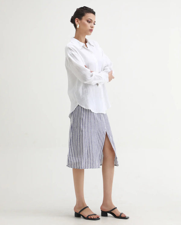 Rareism Women Moonly Blue Cotton Linen Fabric Slim Fit High Rise Striped Midi Skirt