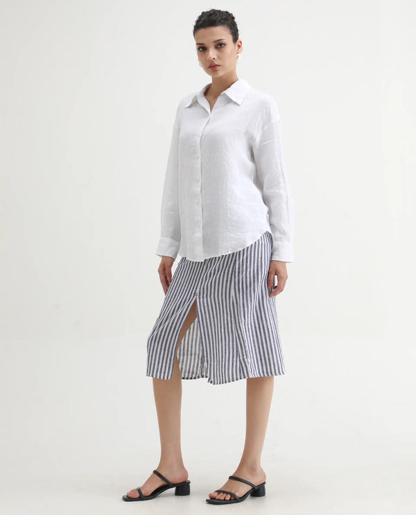 Rareism Women Moonly Blue Cotton Linen Fabric Slim Fit High Rise Striped Midi Skirt