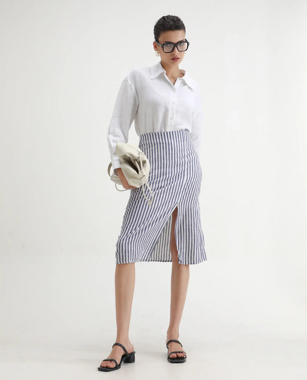 Rareism Women Moonly Blue Cotton Linen Fabric Slim Fit High Rise Striped Midi Skirt