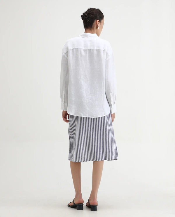 Rareism Women Moonly Blue Cotton Linen Fabric Slim Fit High Rise Striped Midi Skirt