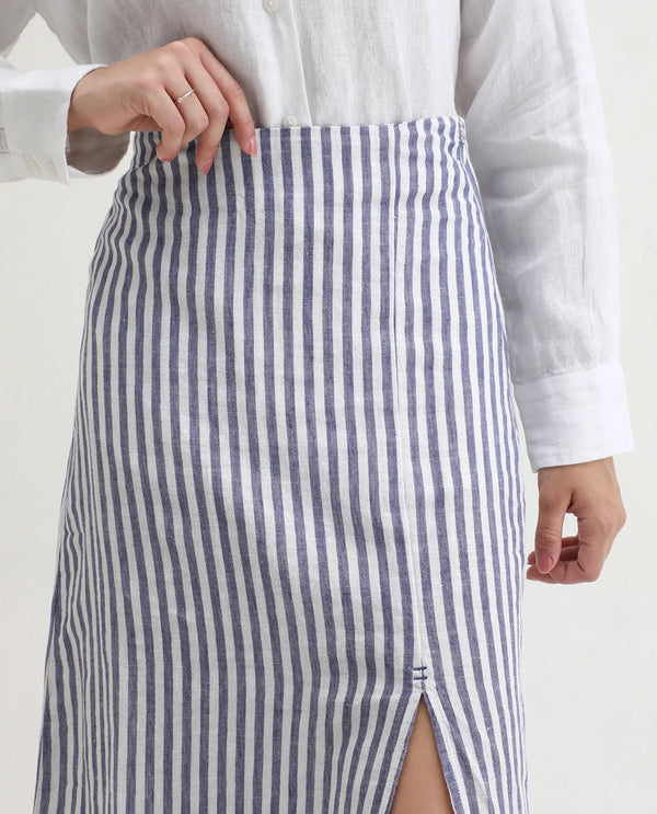 Rareism Women Moonly Blue Cotton Linen Fabric Slim Fit High Rise Striped Midi Skirt