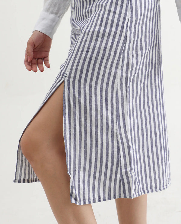 Rareism Women Moonly Blue Cotton Linen Fabric Slim Fit High Rise Striped Midi Skirt