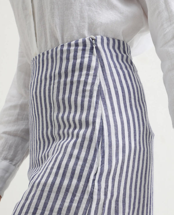 Rareism Women Moonly Blue Cotton Linen Fabric Slim Fit High Rise Striped Midi Skirt