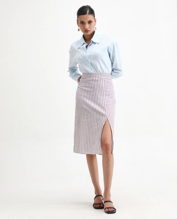 Rareism Women Moonly Pastel Purple Cotton Linen Fabric Slim Fit High Rise Striped Midi Skirt