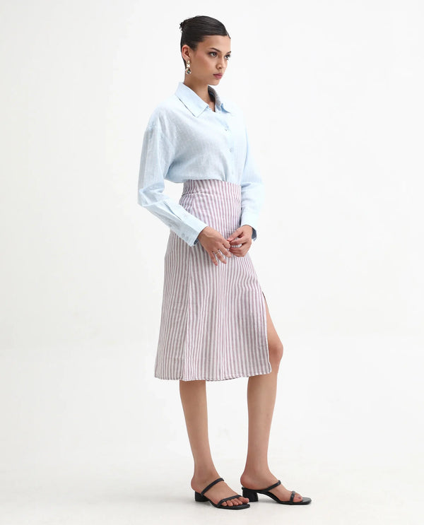 Rareism Women Moonly Pastel Purple Cotton Linen Fabric Slim Fit High Rise Striped Midi Skirt