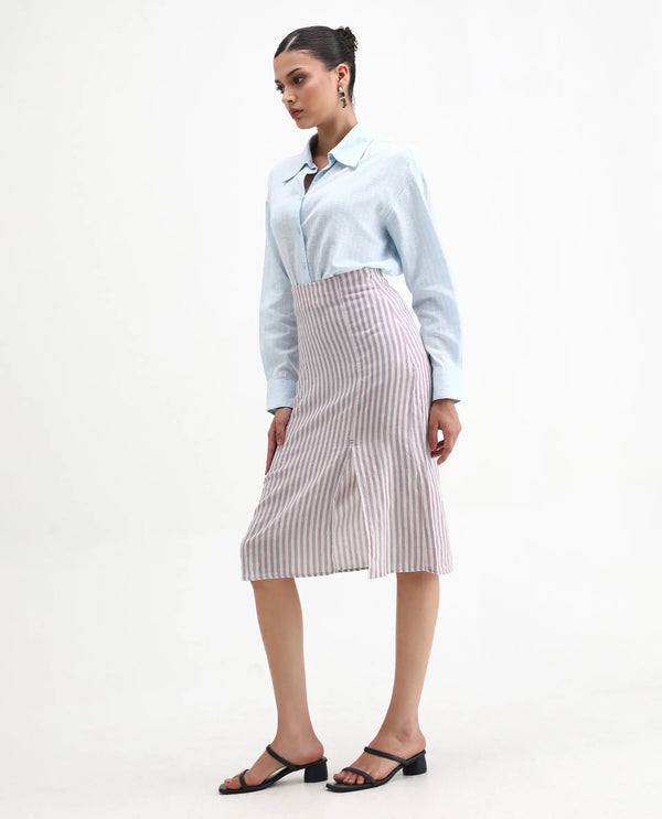 Rareism Women Moonly Pastel Purple Cotton Linen Fabric Slim Fit High Rise Striped Midi Skirt