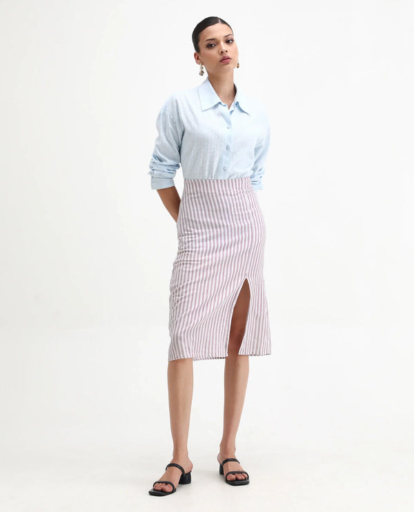 Rareism Women Moonly Pastel Purple Cotton Linen Fabric Slim Fit High Rise Striped Midi Skirt