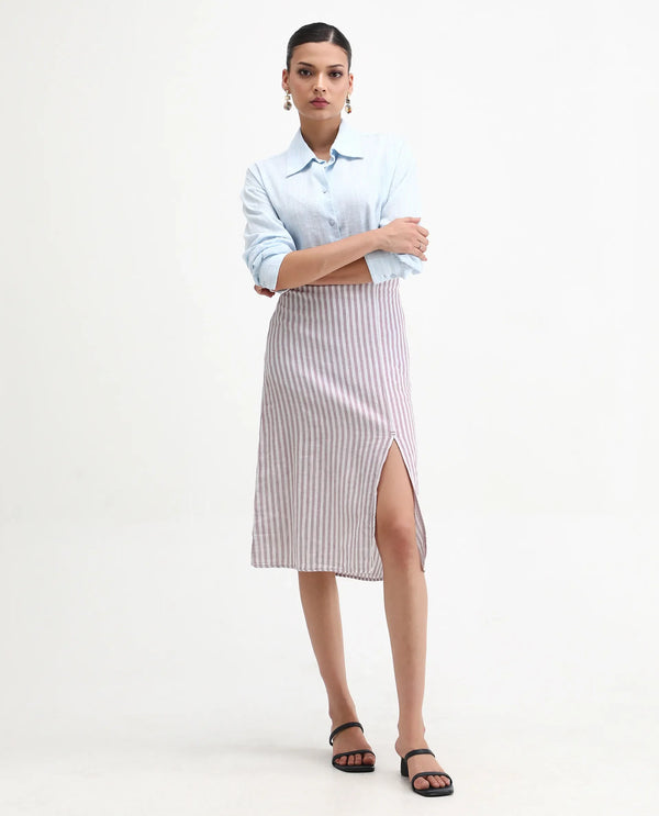 Rareism Women Moonly Pastel Purple Cotton Linen Fabric Slim Fit High Rise Striped Midi Skirt