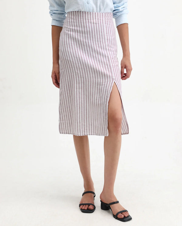 Rareism Women Moonly Pastel Purple Cotton Linen Fabric Slim Fit High Rise Striped Midi Skirt