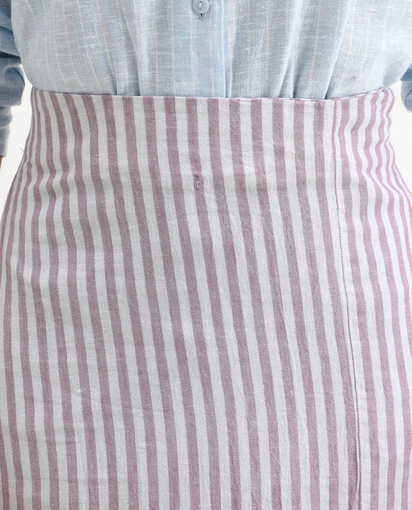 Rareism Women Moonly Pastel Purple Cotton Linen Fabric Slim Fit High Rise Striped Midi Skirt