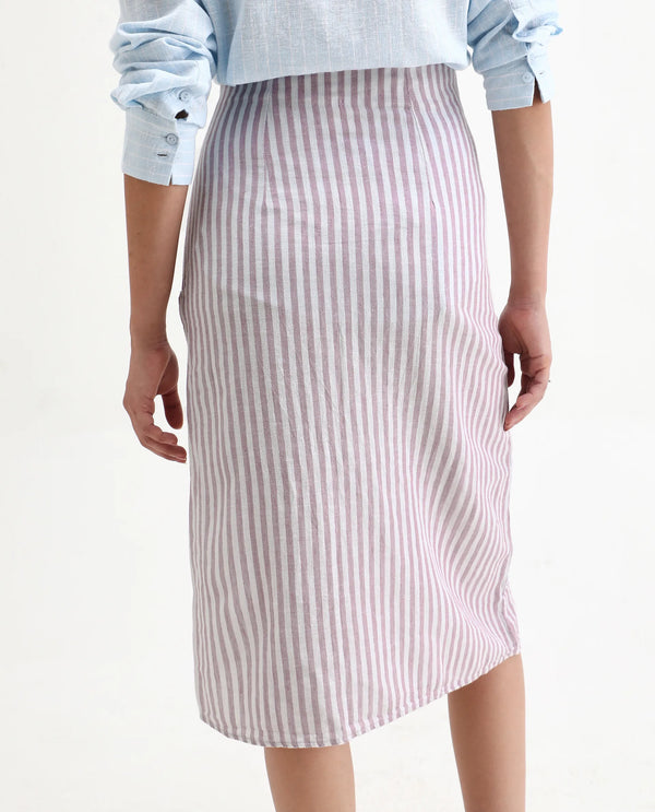 Rareism Women Moonly Pastel Purple Cotton Linen Fabric Slim Fit High Rise Striped Midi Skirt