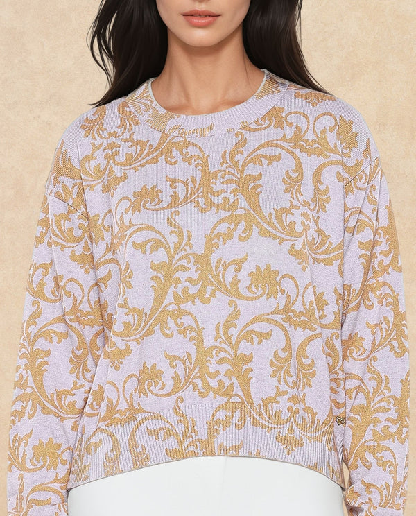 Rareism Women Moon Light Purple Relaxed Fit Printed Sweater