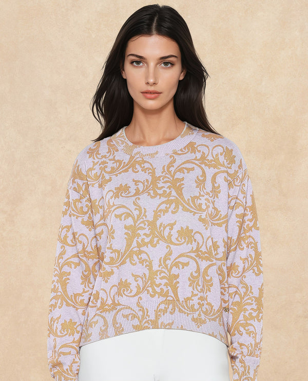 Rareism Women Moon Light Purple Relaxed Fit Printed Sweater