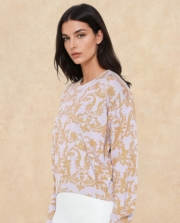 Rareism Women Moon Light Purple Relaxed Fit Printed Sweater