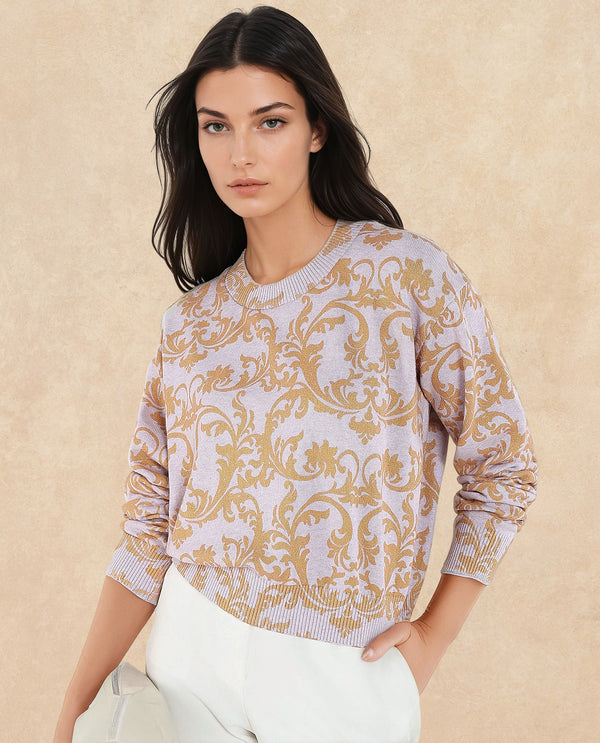 Rareism Women Moon Light Purple Relaxed Fit Printed Sweater