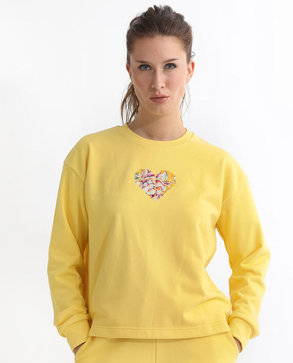 Rareism Women Morin Yellow Poly Cotton Fabric Full Sleeves Crew Neck Cuffed Sleeve Regular Fit Graphic Print Sweatshirt