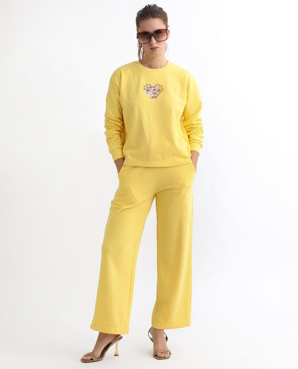 Rareism Women Morin Yellow Poly Cotton Fabric Full Sleeves Crew Neck Cuffed Sleeve Regular Fit Graphic Print Sweatshirt