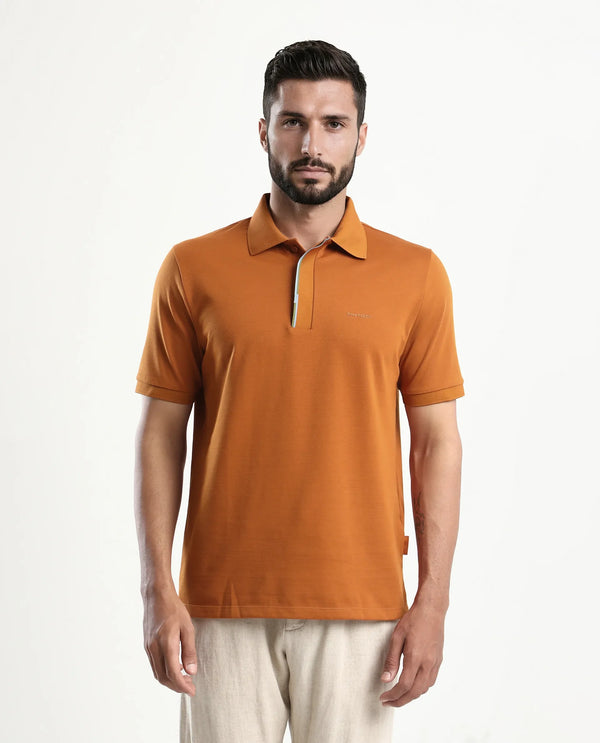 Rare Rabbit Men's Mor Rust Cotton Blend Fabric Half Sleeve Spread Collar Regular Fit Plain Polo