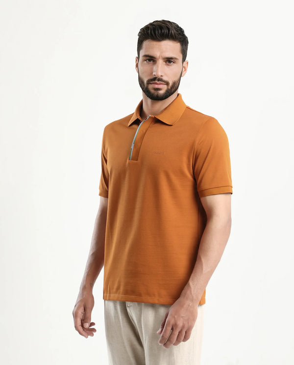 Rare Rabbit Men's Mor Rust Cotton Blend Fabric Half Sleeve Spread Collar Regular Fit Plain Polo