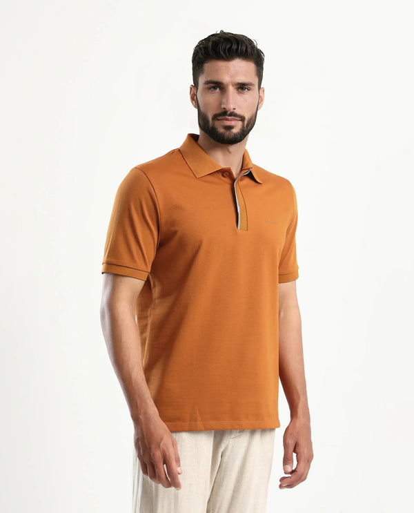 Rare Rabbit Men's Mor Rust Cotton Blend Fabric Half Sleeve Spread Collar Regular Fit Plain Polo