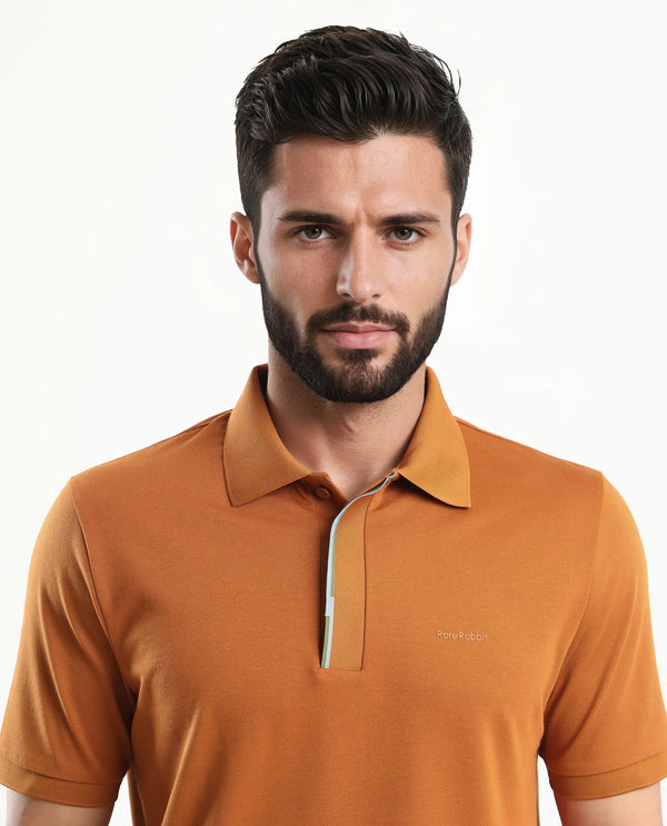 Rare Rabbit Men's Mor Rust Cotton Blend Fabric Half Sleeve Spread Collar Regular Fit Plain Polo