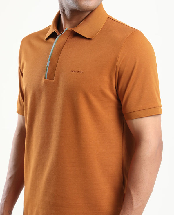 Rare Rabbit Men's Mor Rust Cotton Blend Fabric Half Sleeve Spread Collar Regular Fit Plain Polo