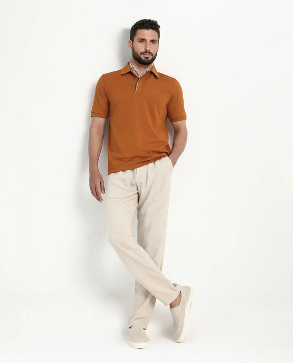 Rare Rabbit Men's Mor Rust Cotton Blend Fabric Half Sleeve Spread Collar Regular Fit Plain Polo