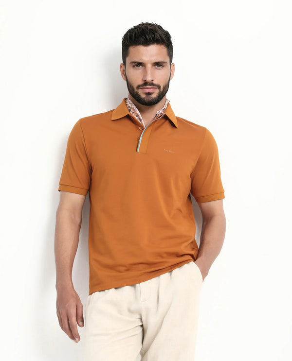 Rare Rabbit Men's Mor Rust Cotton Blend Fabric Half Sleeve Spread Collar Regular Fit Plain Polo
