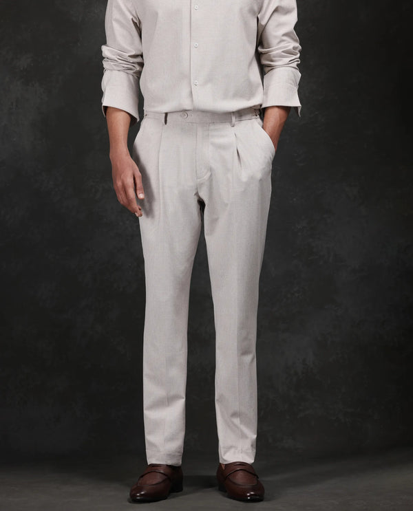 Rare Rabbit Men Morst Beige Cotton Elastane Fabric Single Pleated Checked Trouser