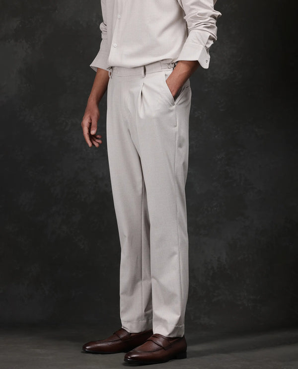 Rare Rabbit Men Morst Beige Cotton Elastane Fabric Single Pleated Checked Trouser