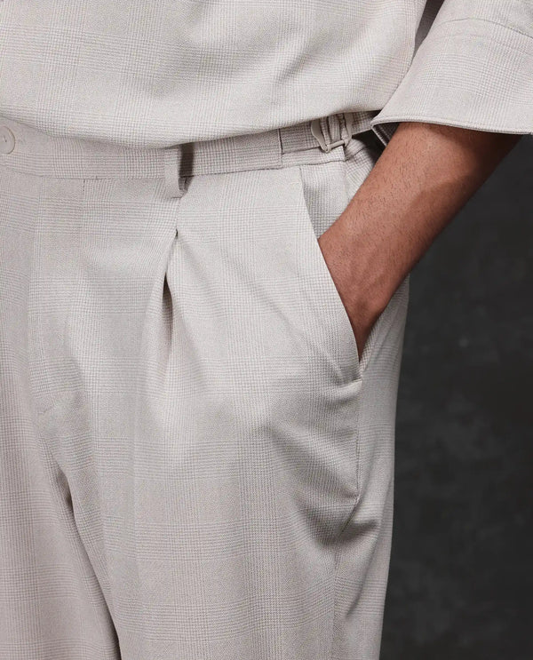 Rare Rabbit Men Morst Beige Cotton Elastane Fabric Single Pleated Checked Trouser