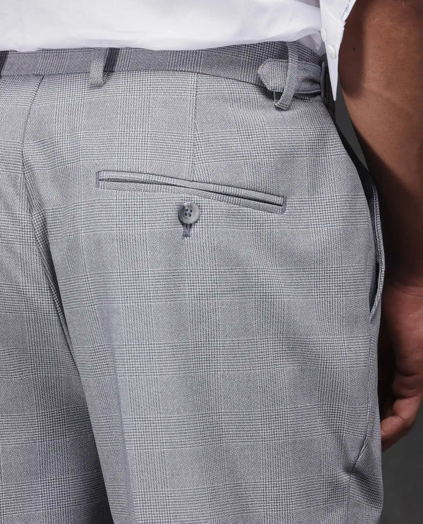 Rare Rabbit Men Morst Grey Cotton Elastane Fabric Single Pleated Checked Trouser