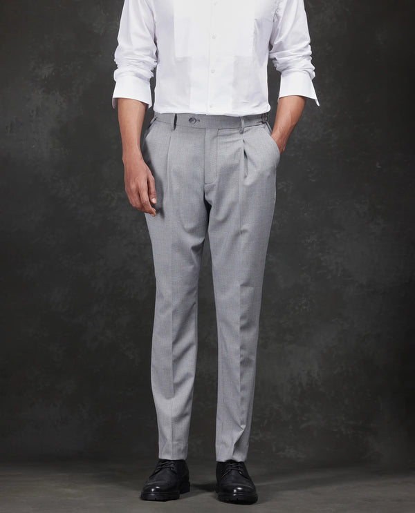 Rare Rabbit Men Morst Grey Cotton Elastane Fabric Single Pleated Checked Trouser